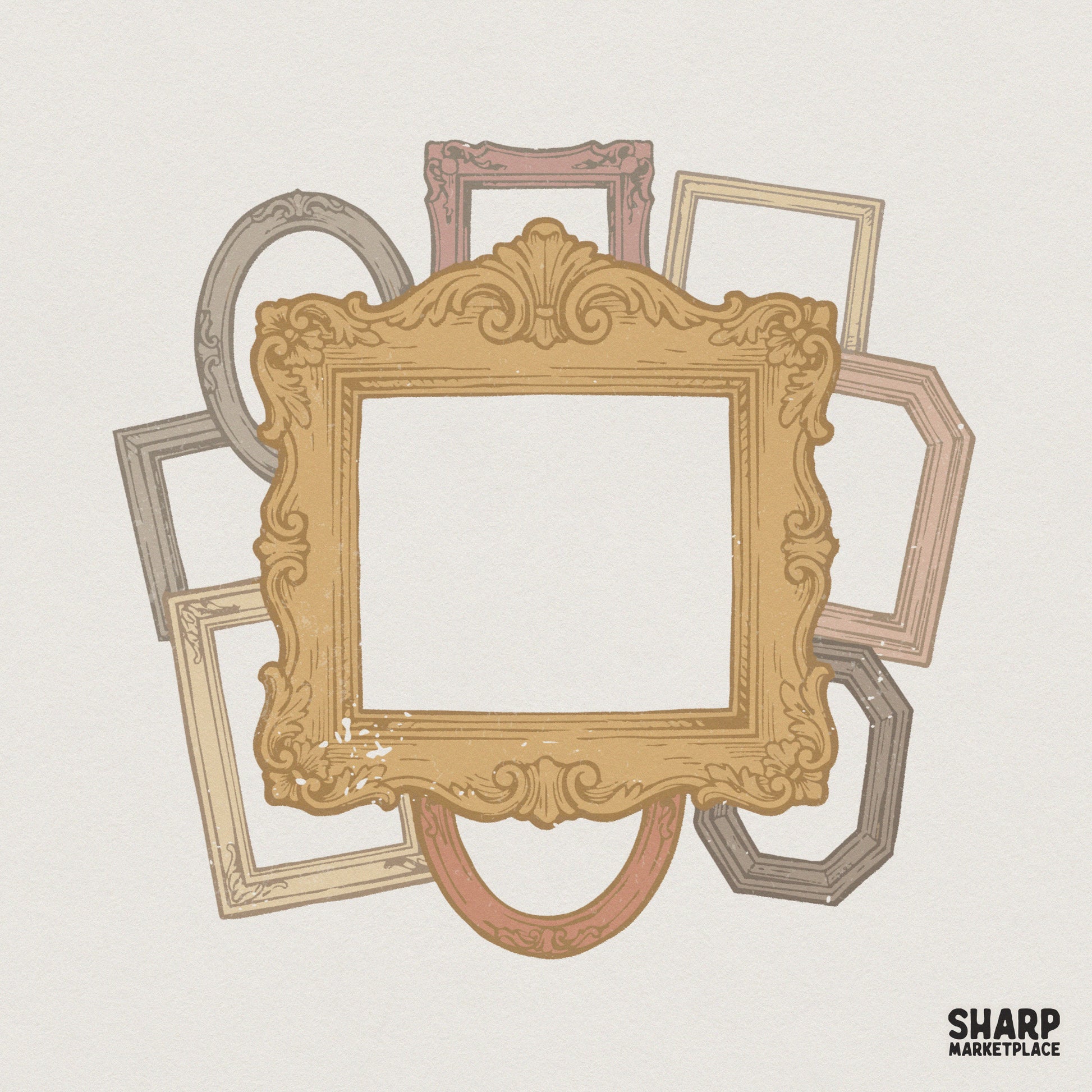 Vintage ornate frame cluster PNG with a central gold baroque border surrounded by muted earth-toned antique shapes for gallery wall art projects.