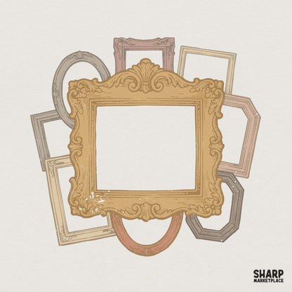 Vintage ornate frame cluster PNG with a central gold baroque border surrounded by muted earth-toned antique shapes for gallery wall art projects.