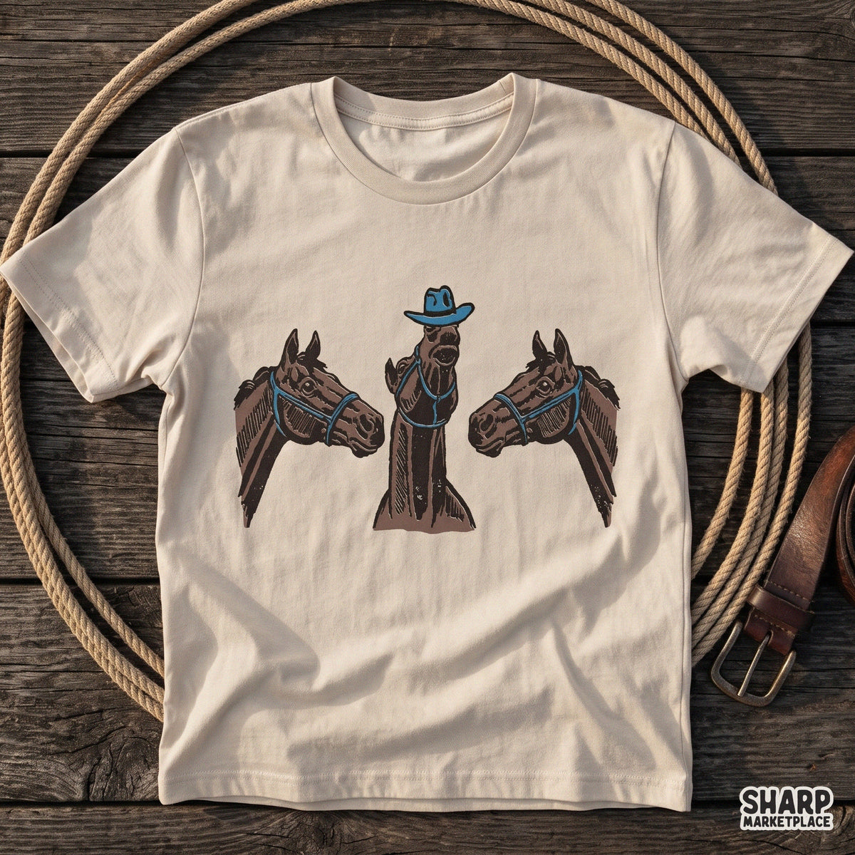Funny horse trio wearing blue Stetson hats for western PNG shirt design and country rodeo apparel