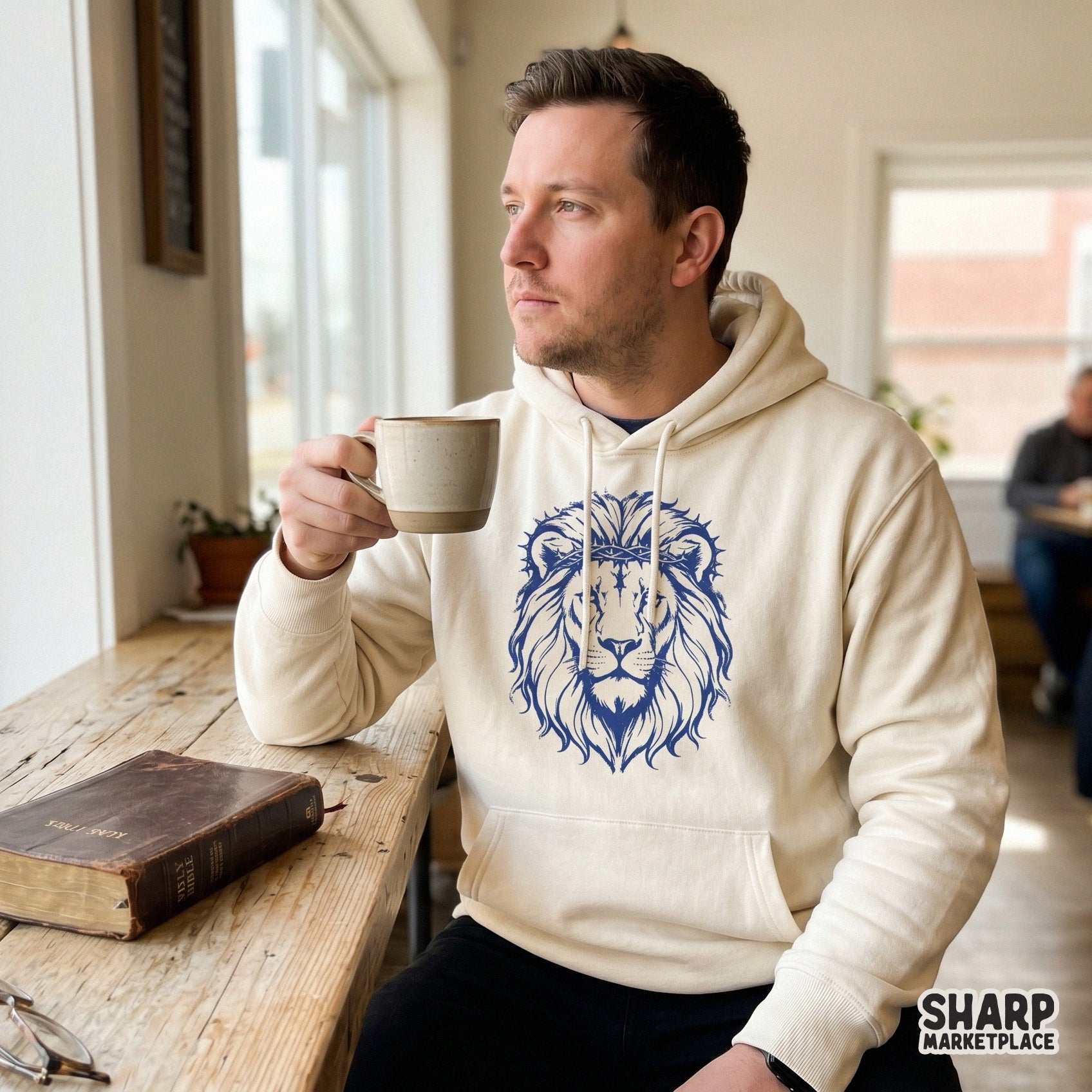 Hand-drawn illustration of a lion with a crown of thorns in a bold blue style, suitable for high-quality sublimation transfers and wall art prints.