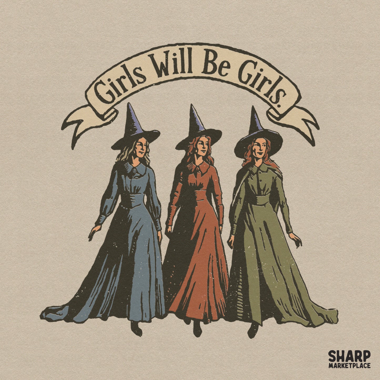 Vintage witches with feminist humor for a retro Halloween shirt design in a high-resolution digital PNG format