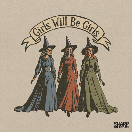 Vintage witches with feminist humor for a retro Halloween shirt design in a high-resolution digital PNG format