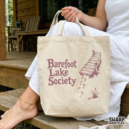 Vintage Barefoot Lake Society PNG featuring a wooden dock and stars for retro summer lake life and coastal pier designs
