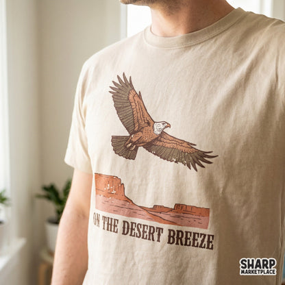Southwest desert scene design with a detailed eagle in flight over a red rock mesa, suitable for DTF printing, sublimation, and custom clothing.