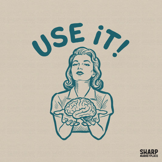Retro teal line art of a woman holding a brain with the arched text Use It in chunky letters, perfect for teacher or nurse sublimation designs.