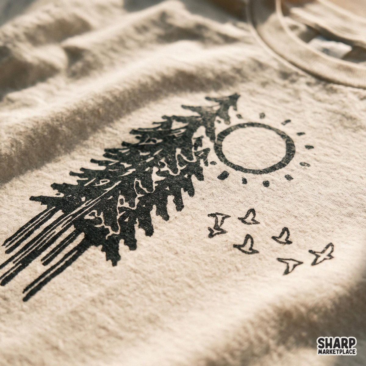 Rustic pine tree with flying birds in morning sun linocut art vintage sublimation PNG graphic for t-shirt design