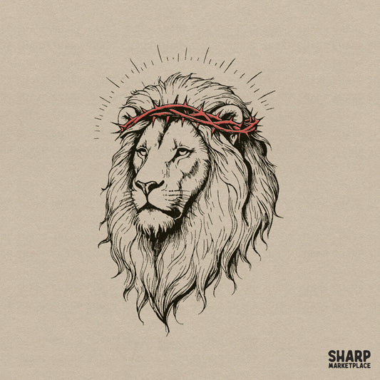 Hand-sketched ink portrait of a lion wearing a red crown of thorns with a radiating halo, isolated on a neutral background for faith-based projects.