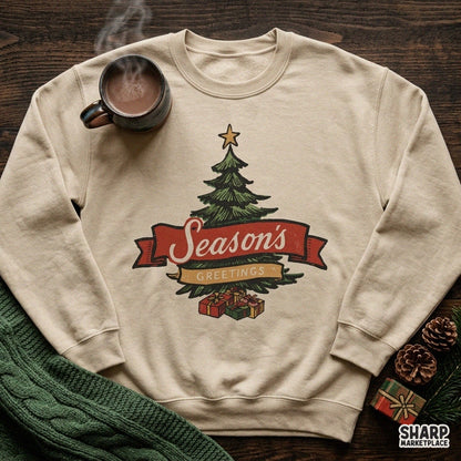 Retro Season's Greetings Christmas tree PNG design for festive shirts and holiday sublimation projects