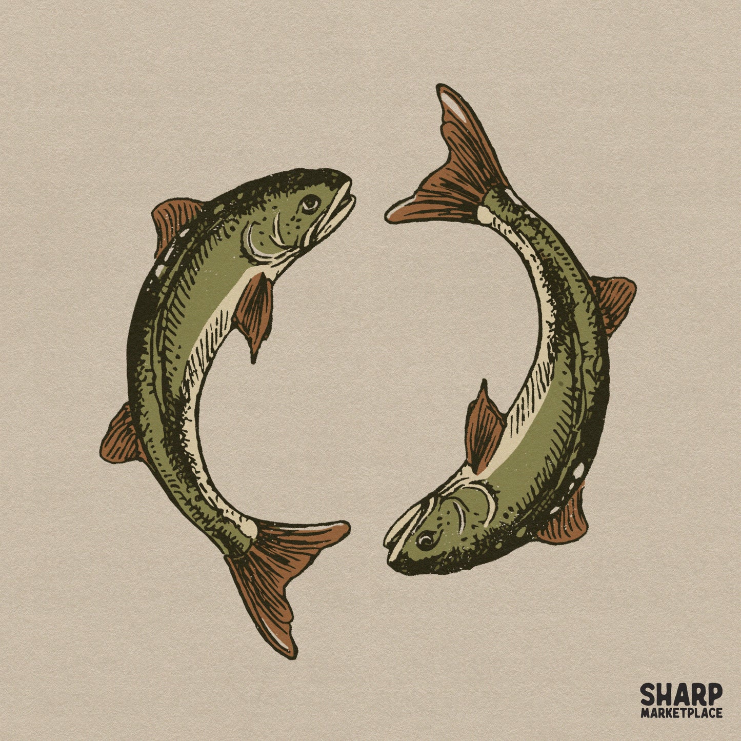 Retro twin swimming trout fish illustration for vintage lake life shirts and summer fishing sublimation designs