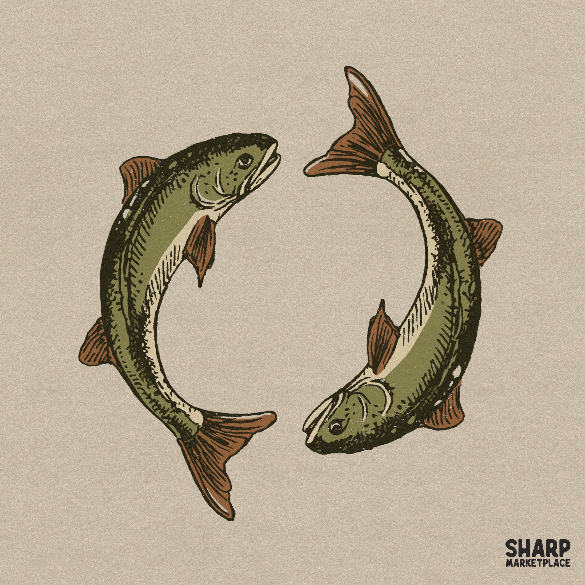 Retro twin swimming trout fish illustration for vintage lake life shirts and summer fishing sublimation designs