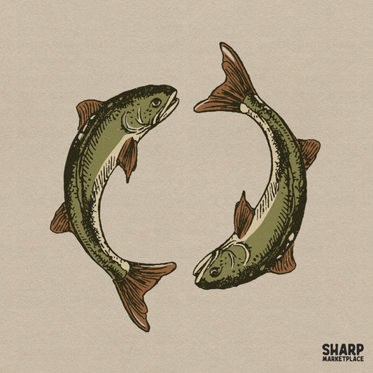 Retro twin swimming trout fish illustration for vintage lake life shirts and summer fishing sublimation designs