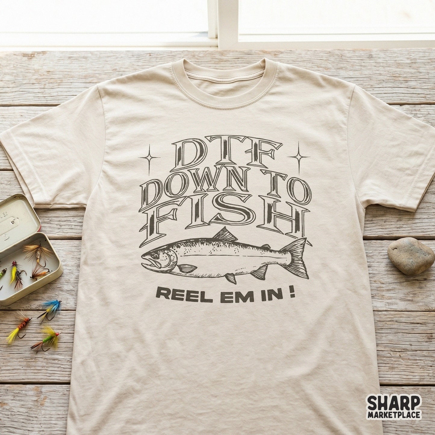 Funny down to fish reel em in retro sublimation design for summer lake t-shirts and apparel