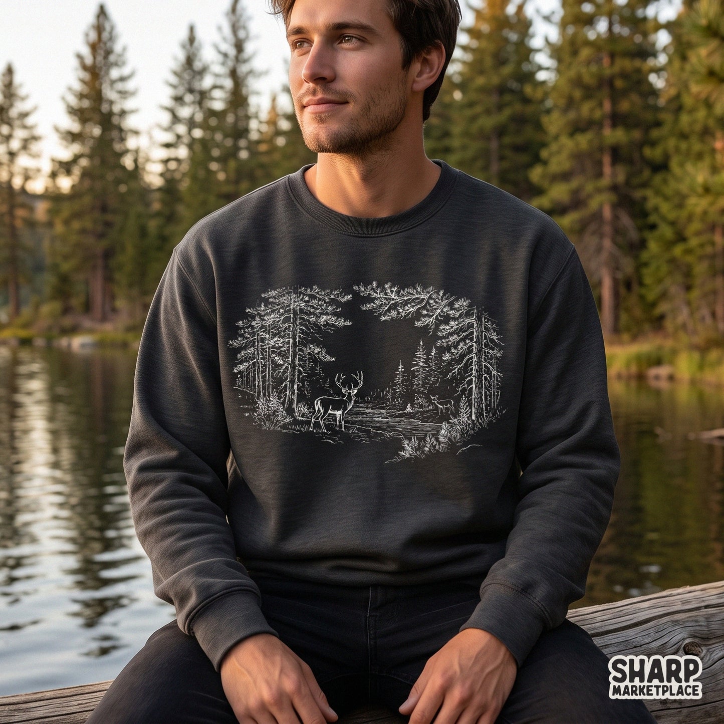 Rustic forest clearing with deer and pine trees hunting png sublimation design for fall outdoors shirts