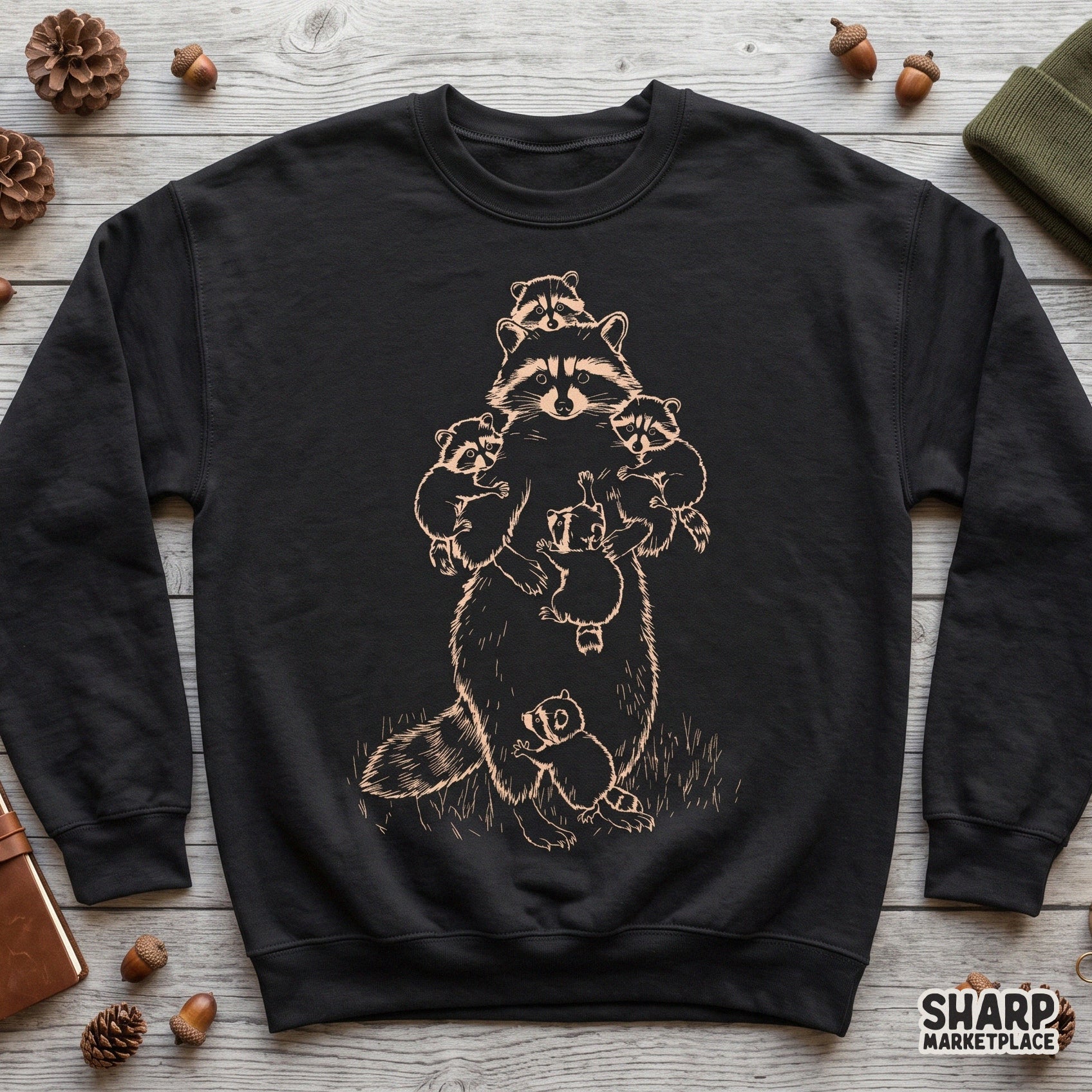 Funny retro stressed raccoon mom with babies feral trash panda digital PNG for trendy Mothers Day shirts and animal lovers