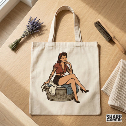 Digital sublimation design of a tattooed woman in retro attire sitting on a laundry basket, perfect for custom apparel, stickers, and DIY craft projects.
