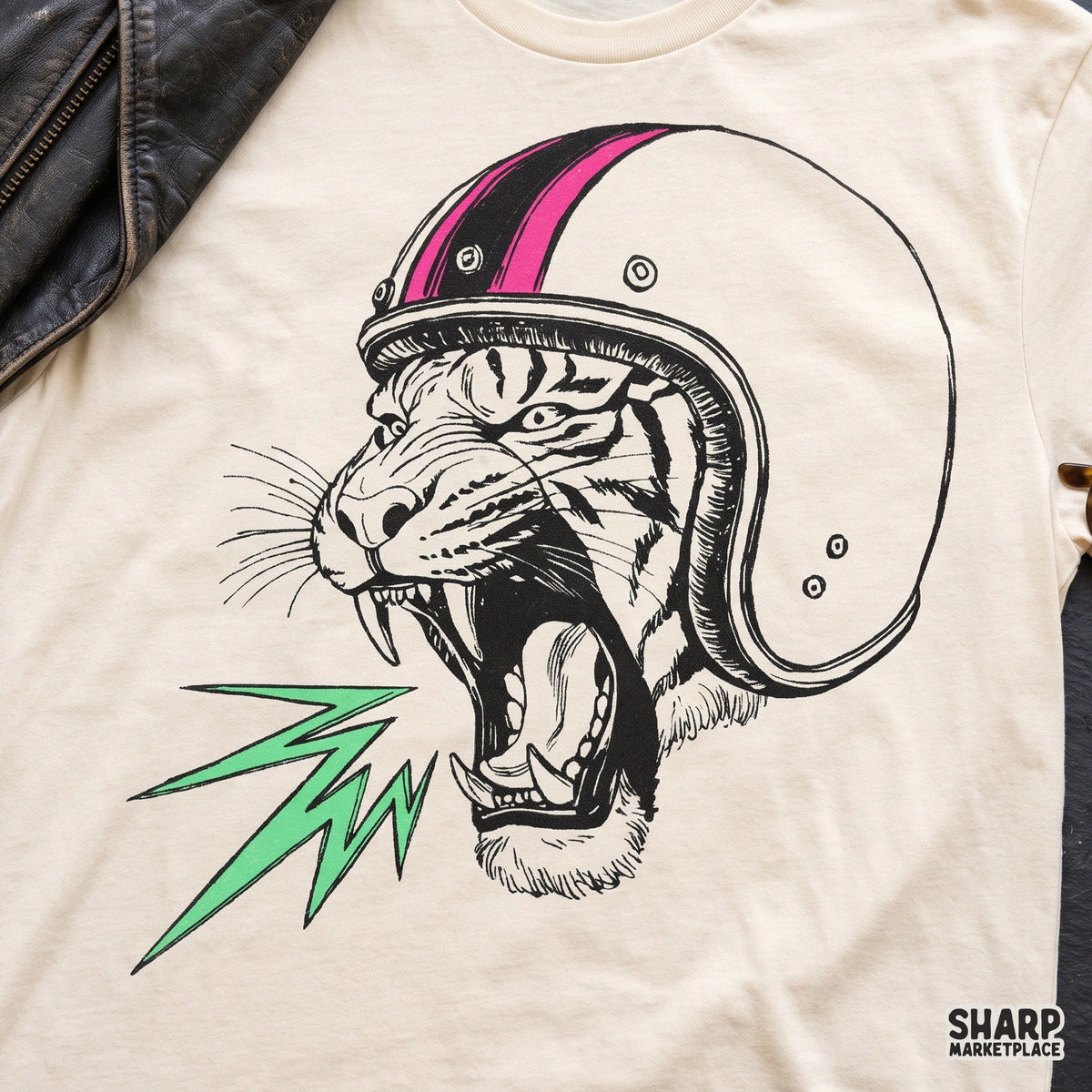 Vintage Roaring Tiger In Retro Motorcycle Helmet Artwork