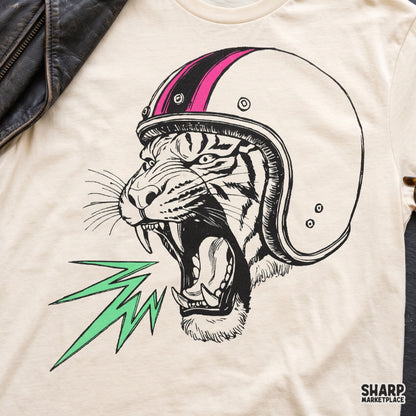 Vintage Roaring Tiger In Retro Motorcycle Helmet Artwork