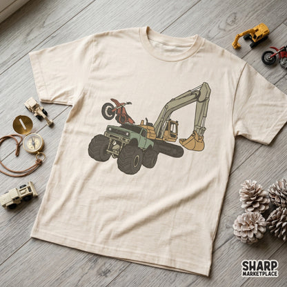 Monster truck excavator and dirt bike pile sublimation design for trendy boys racing t-shirts