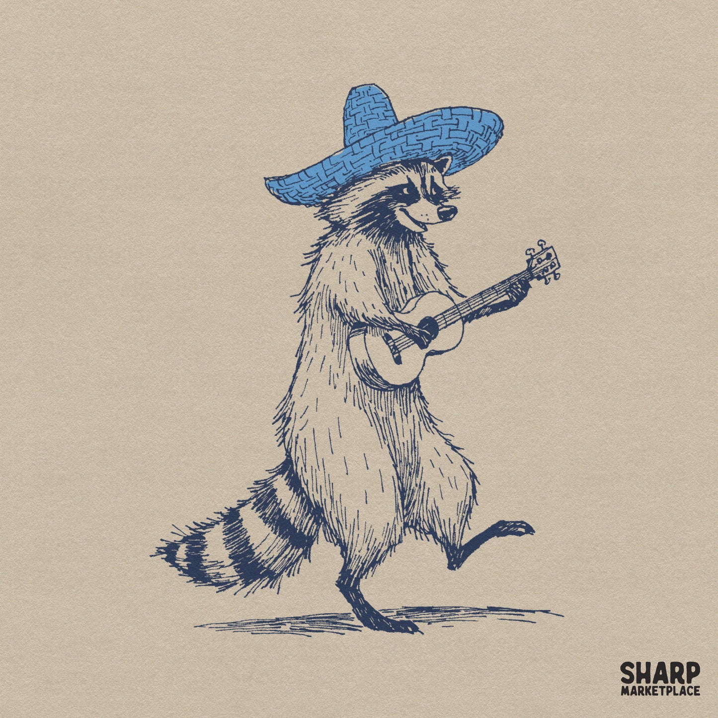 Whimsical hand-drawn raccoon wearing a blue sombrero and playing a ukulele in a deep navy blue sketch style for western-themed apparel designs.