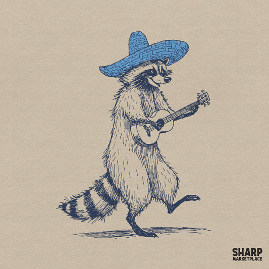 Whimsical hand-drawn raccoon wearing a blue sombrero and playing a ukulele in a deep navy blue sketch style for western-themed apparel designs.