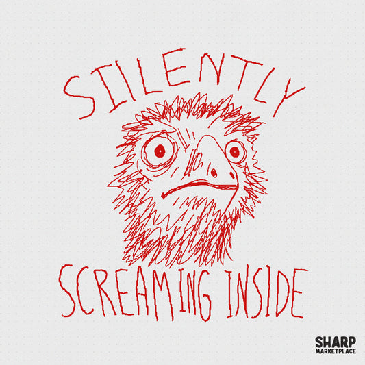 Hand-drawn red bird with a frazzled, panicked expression and the text Silently Screaming Inside in a messy, sketchy style for digital printing.