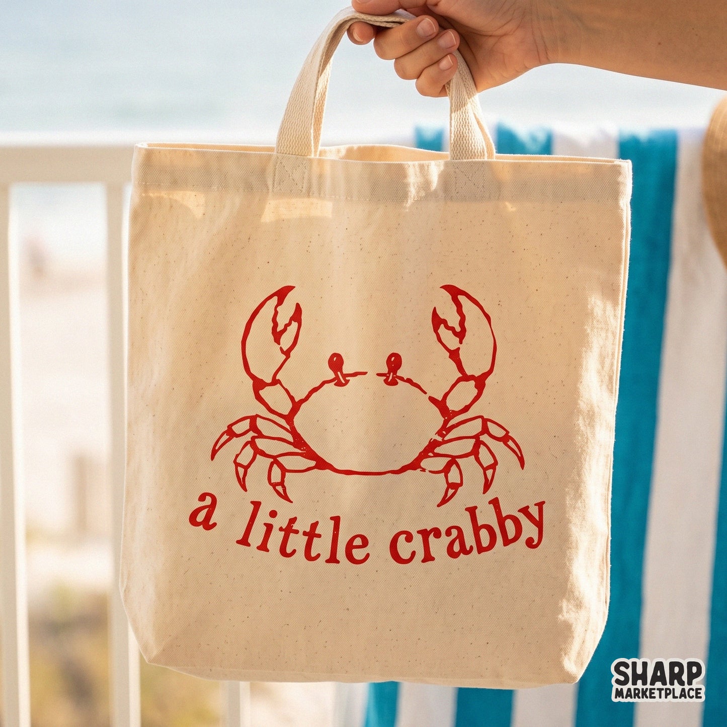 Digital design featuring a retro-style red crab and the text a little crabby, suitable for beach-themed t-shirts, stickers, and summer sublimation.
