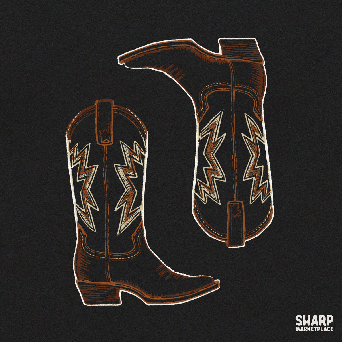 Brown leather western cowboy boots with traditional stitching retro country music sublimation PNG graphic for t-shirts