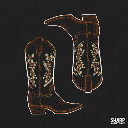 Brown leather western cowboy boots with traditional stitching retro country music sublimation PNG graphic for t-shirts