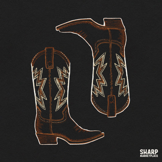 Brown leather western cowboy boots with traditional stitching retro country music sublimation PNG graphic for t-shirts