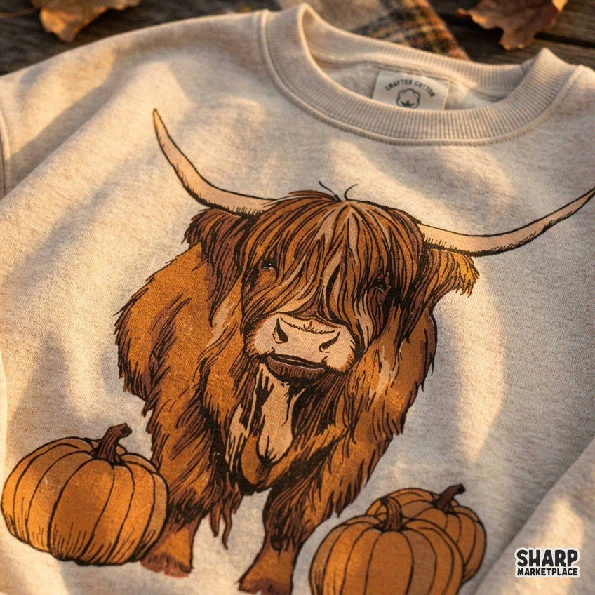 Cute highland cow standing with fall pumpkins, autumn cattle PNG graphic for Thanksgiving shirts and sublimation