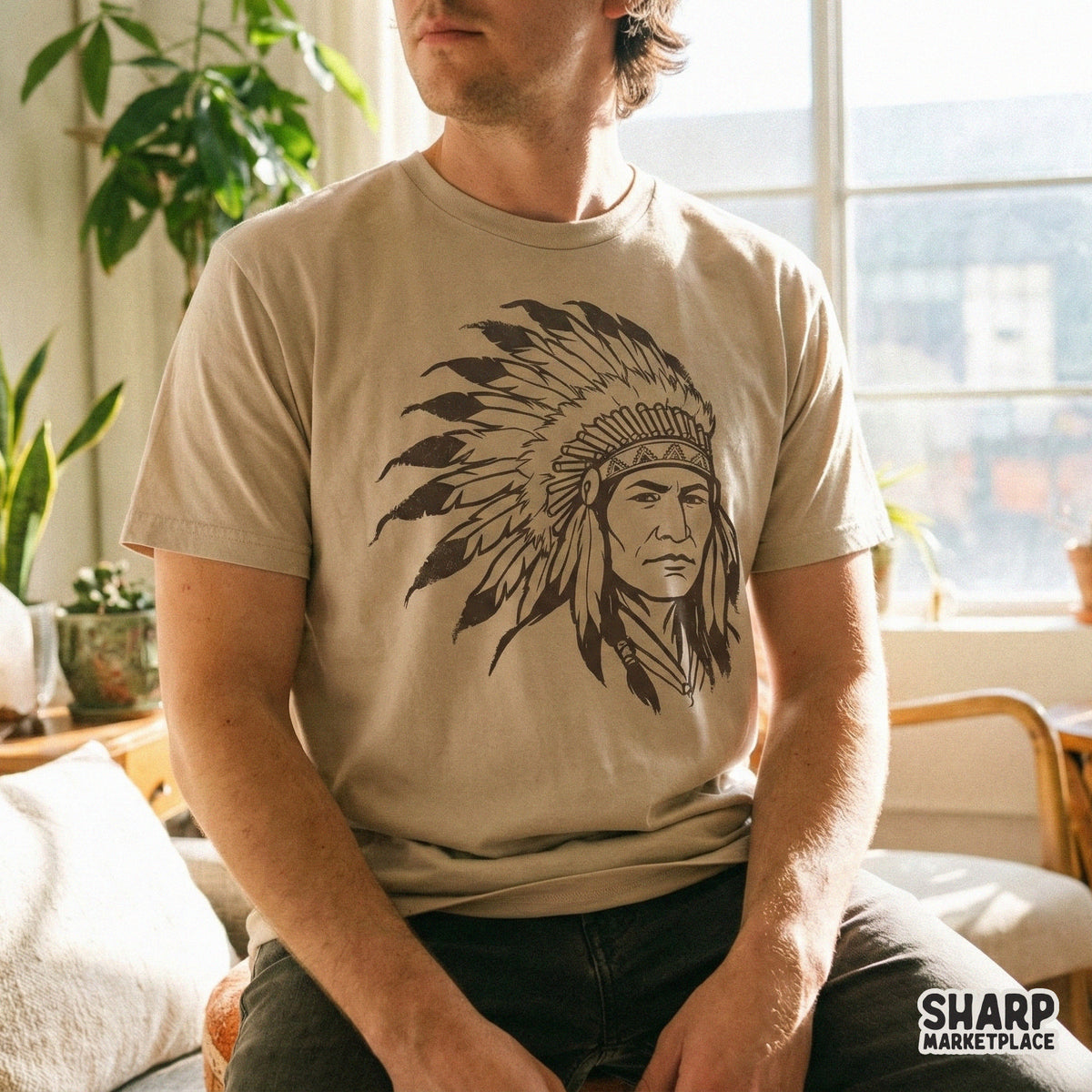 Vintage-inspired tribal chief portrait with a feathered headdress, designed as a high-resolution digital graphic for t-shirts, stickers, and wall art projects.