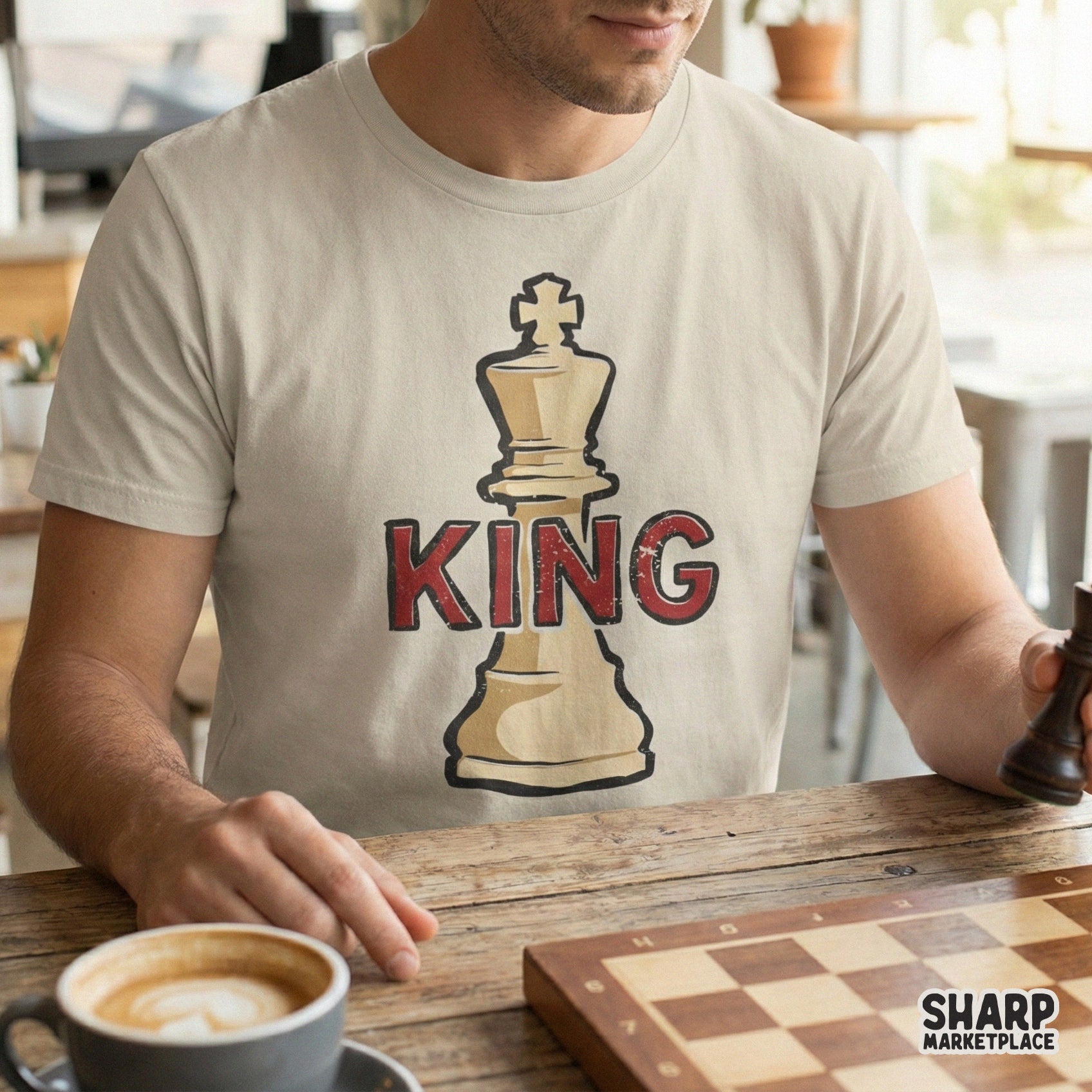 Classic cream chess king piece with vintage red KING typography, a high-resolution digital download for print-on-demand t-shirt projects.
