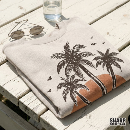 Minimalist tropical island sunset design with palm trees and birds, a versatile digital graphic for coastal apparel, sublimation transfers, and home decor.