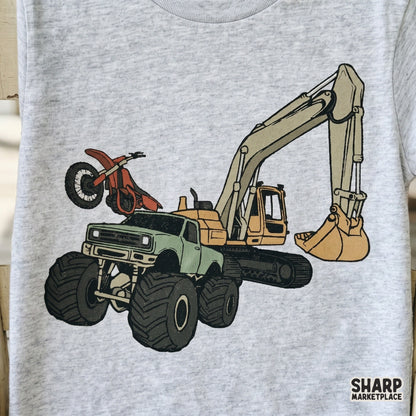 Monster truck excavator and dirt bike pile sublimation design for trendy boys racing shirts