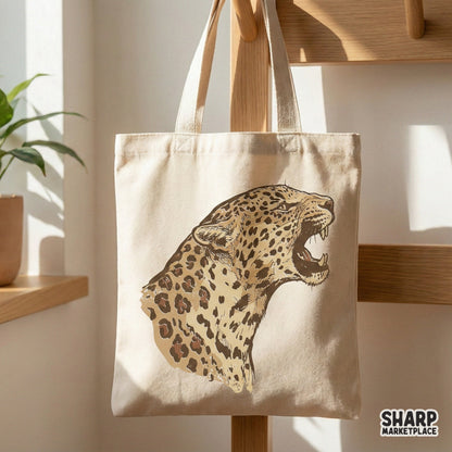Intricate hand-drawn leopard head graphic in shades of ochre and brown, perfect for wildlife-themed sublimation and printable art.