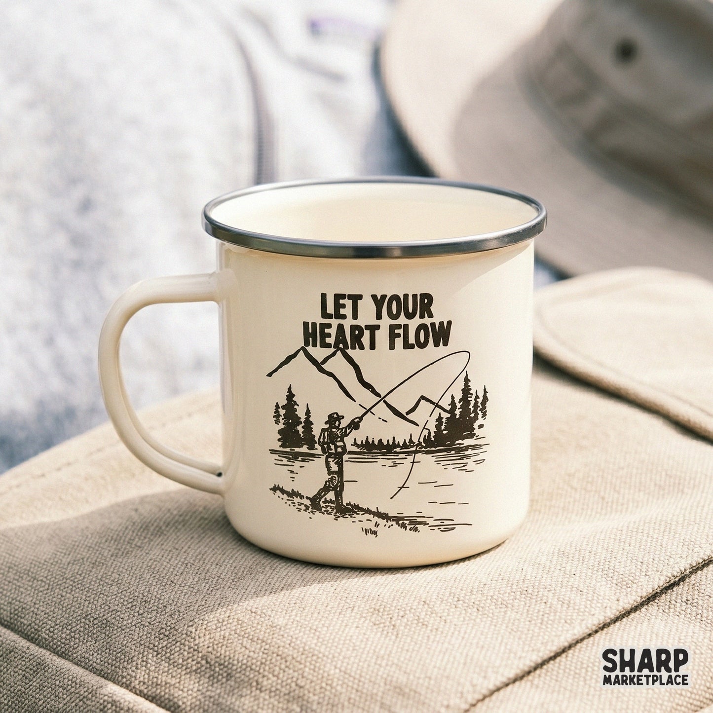 Detailed outdoor-themed graphic with a fly fisherman, pine trees, and mountains, designed for DIY shirts, stickers, or custom drinkware.
