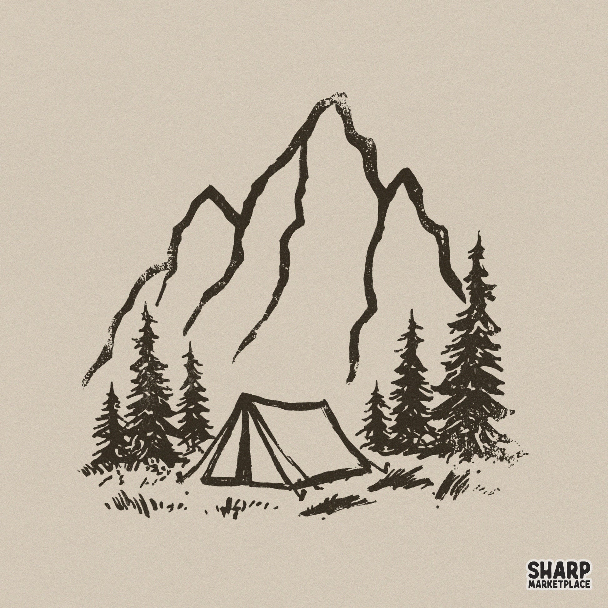 Hand-drawn black ink illustration of a mountain peak and A-frame tent nestled in a pine forest, perfect for rustic outdoor apparel and sublimation.