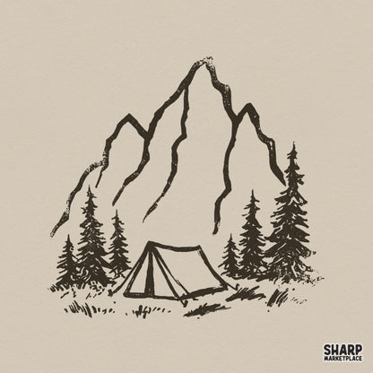 Hand-drawn black ink illustration of a mountain peak and A-frame tent nestled in a pine forest, perfect for rustic outdoor apparel and sublimation.
