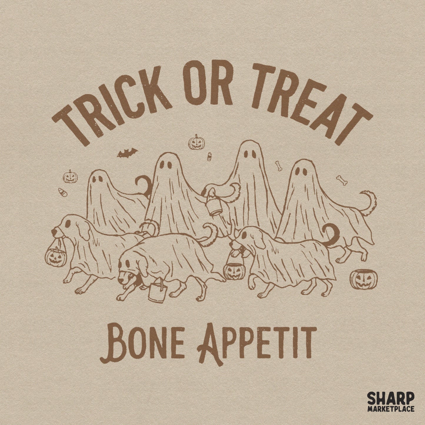 Retro Halloween ghost dogs with Bone Appetit text for spooky season shirts and dog mom sublimation crafts