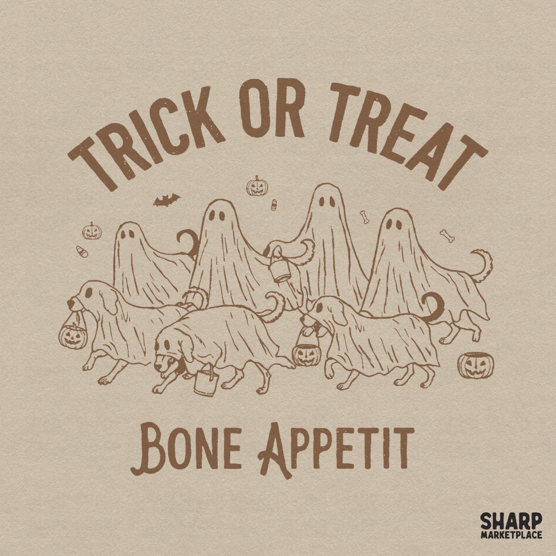Retro Halloween ghost dogs with Bone Appetit text for spooky season shirts and dog mom sublimation crafts