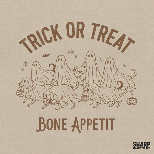 Retro Halloween ghost dogs with Bone Appetit text for spooky season shirts and dog mom sublimation crafts