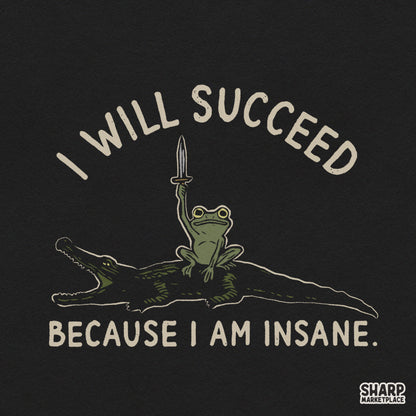 Funny insane frog on an alligator design with a sarcastic success quote retro animal meme PNG for t-shirts and stickers