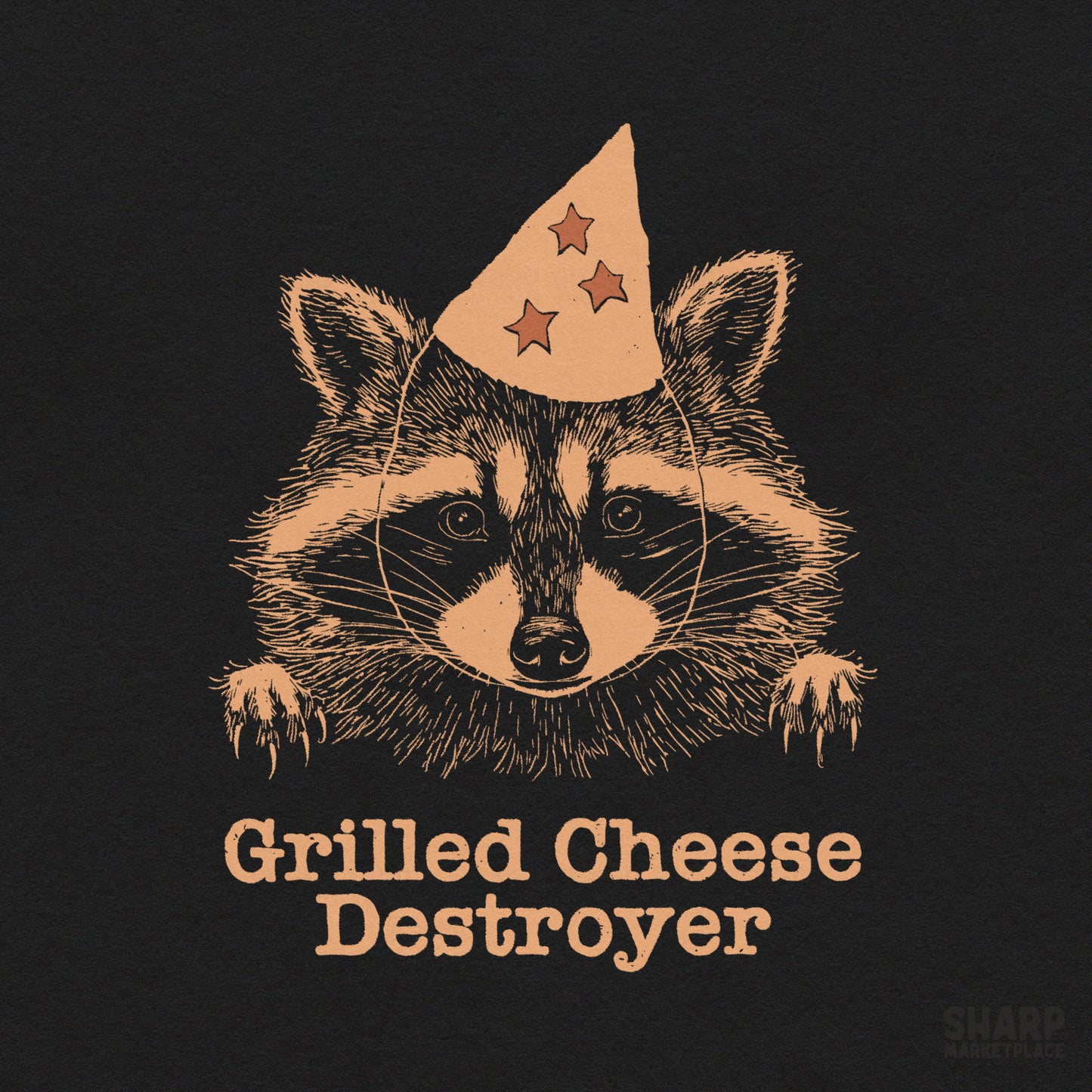 Sarcastic raccoon with a party hat and Grilled Cheese Destroyer text in a retro y2k style for funny t-shirt sublimation designs