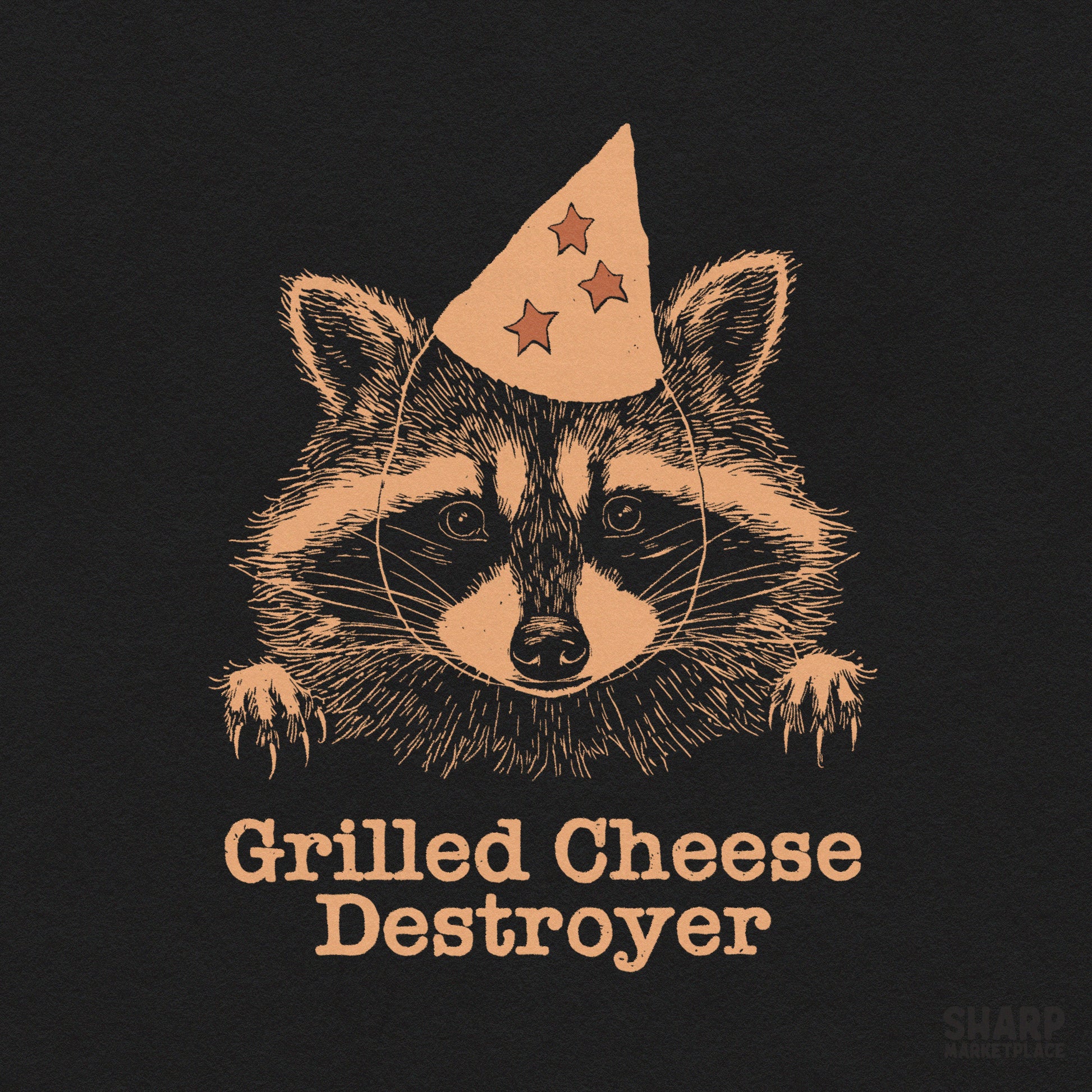 Sarcastic raccoon with a party hat and Grilled Cheese Destroyer text in a retro y2k style for funny t-shirt sublimation designs