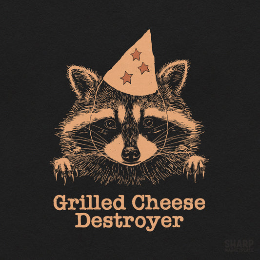Sarcastic raccoon with a party hat and Grilled Cheese Destroyer text in a retro y2k style for funny t-shirt sublimation designs