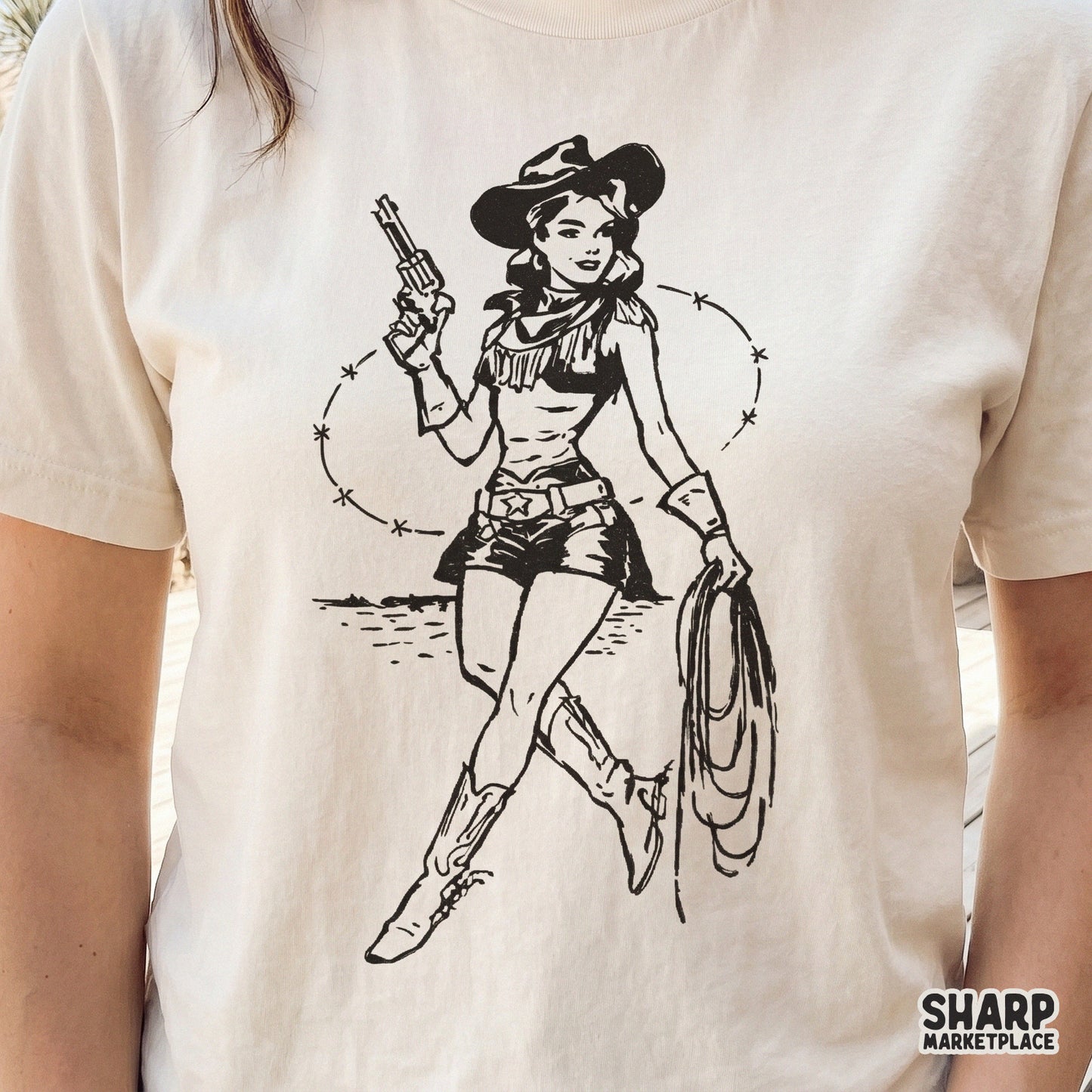 Detailed retro rodeo girl digital design with a fringed top and star belt, ideal for high-resolution shirt printing, heat transfers, and DIY western gifts.