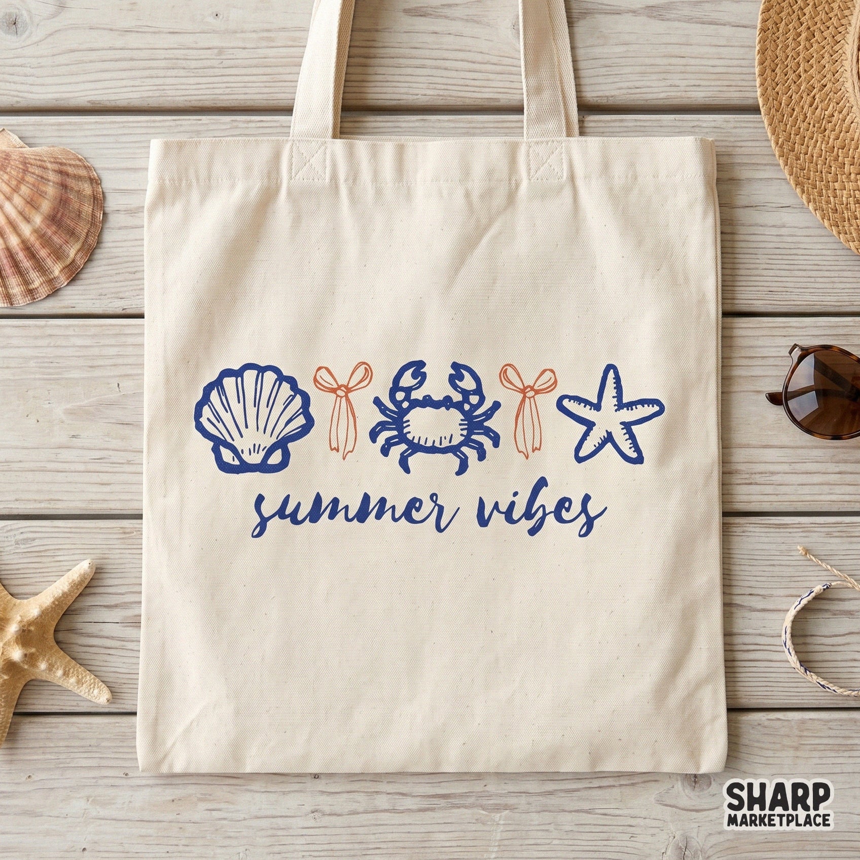 Beach-themed summer vibes PNG featuring a crab, shell, and starfish with delicate bows, suitable for high-quality print-on-demand vacation apparel.