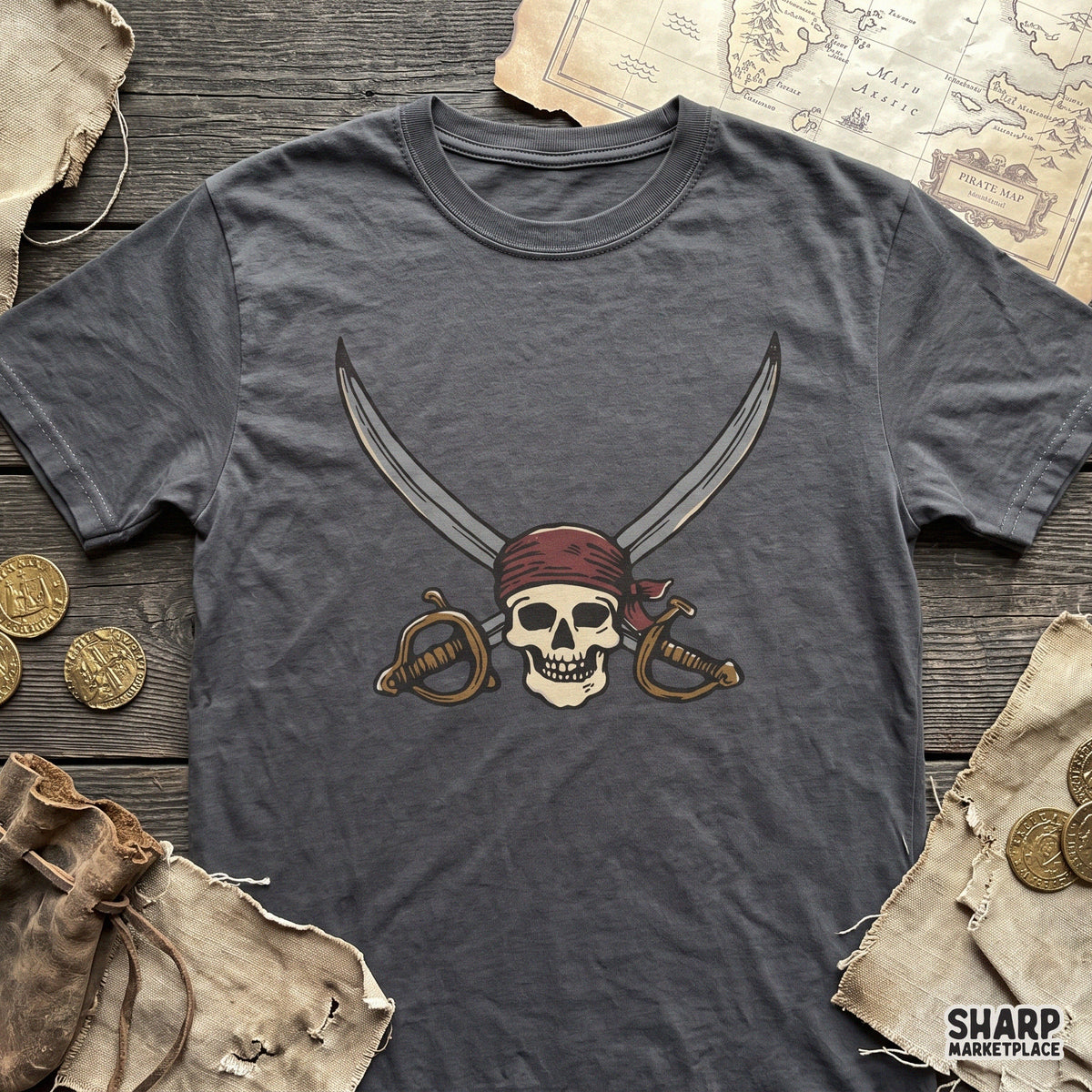 Retro pirate captain skull with crossed cutlass swords PNG sublimation design for Halloween shirts
