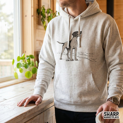 Retro-style bird dog coastal sketch PNG featuring a hunting dog in a classic stance, perfect for sublimation and custom shirts.