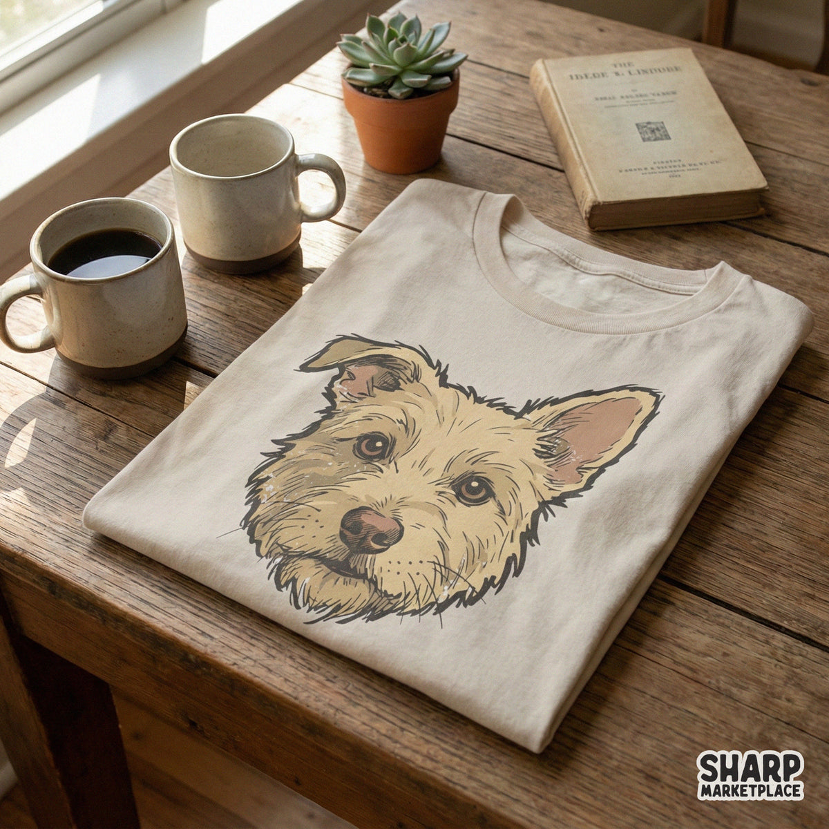 A tan terrier dog illustration with sketchy black outlines printed on a folded beige t-shirt, perfect for custom apparel and sublimation projects.